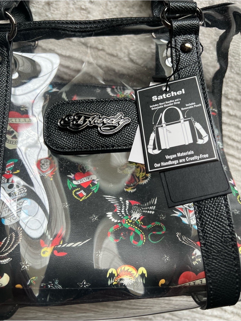 Ed Hardy Black Clear Satchel Handbag - Picture 2 of 5